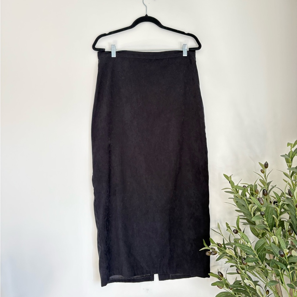 Vintage Black Faux Suede Midi Pencil Skirt